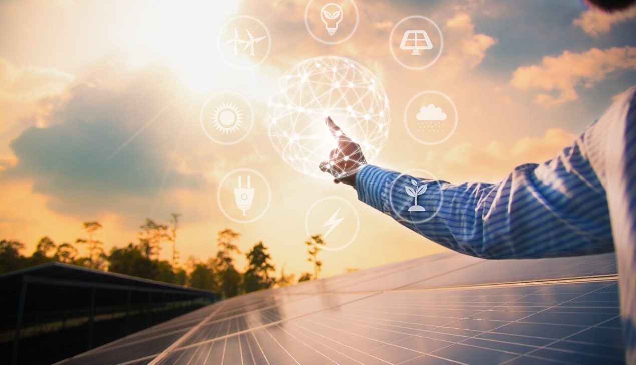 The concept of electric power from solar cells to protect the en The concept of electric power from solar cells to protect the environment.
