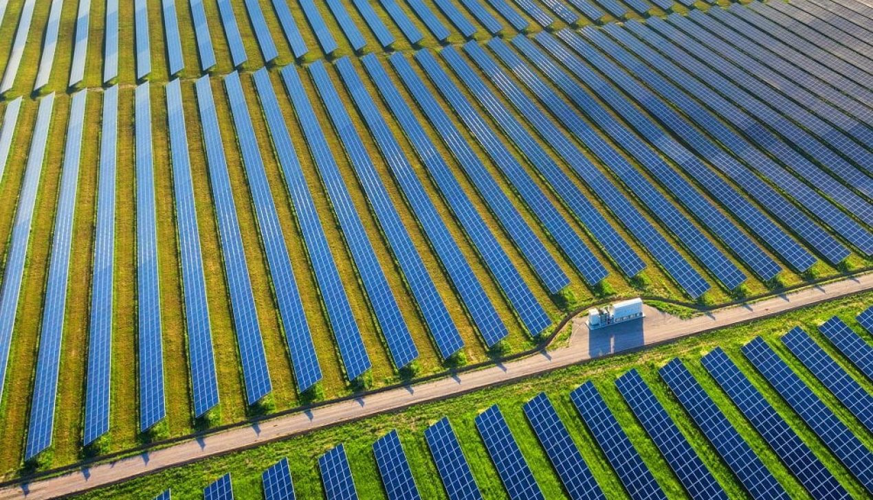 Photovoltaic power plant Solar panels in aerial view Photovoltaic power plant Solar panels in aerial view