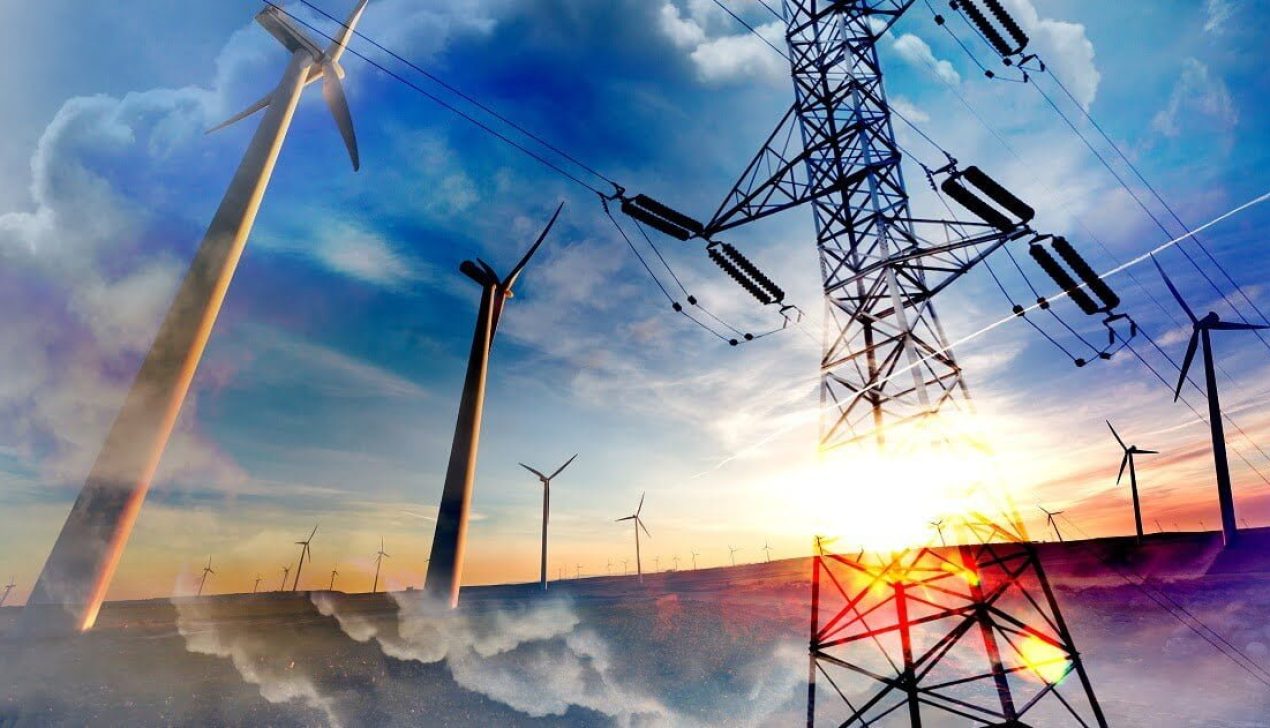 Wind mills landscape abstract double exposure renewable energies. Wind farm. Wind Turbines