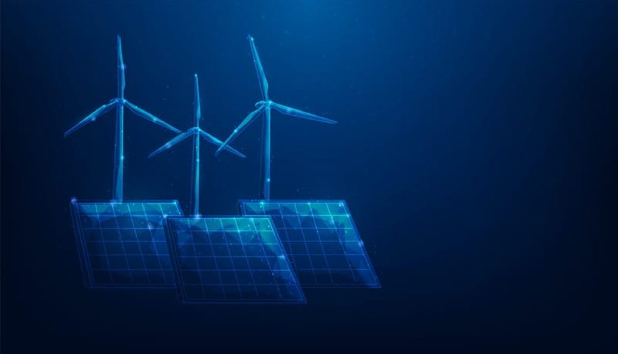 Renewable energy solar panel and wind turbine lowpoly wireframe technology background. vector illustration fantastic digital design. sustainable ecology concept. Renewable energy solar panel and wind turbine lowpoly wireframe technology background. vector illustration fantastic digital design. sustainable ecology concept.