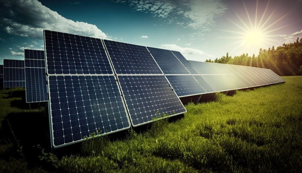 photovoltaic solar power panel in the field, green clean Alternative power energy concept. Ai generative photovoltaic solar power panel in the field, green clean Alternative power energy concept.